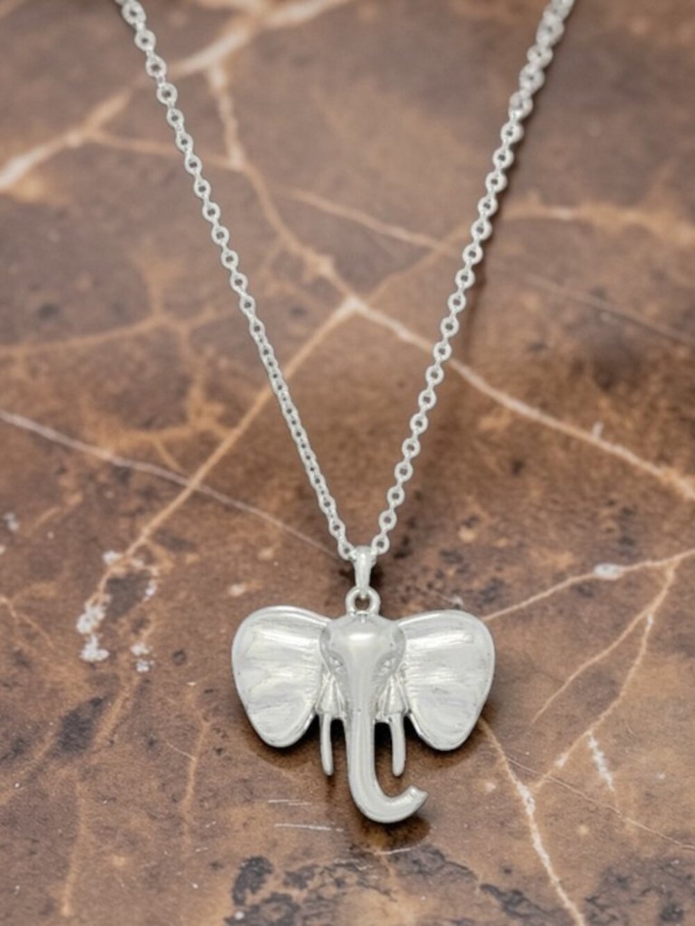 Silvertone Textured Elephant Head Necklace